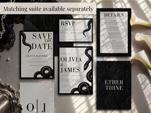 A collection of matching wedding suite stationery including a save the date, RSVP card, details card, and invitation.