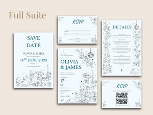 A complete suite of matching wedding stationery items is laid out neatly against a plain background, showing save the dates, invitations, RSVP cards with QR codes, and details cards.