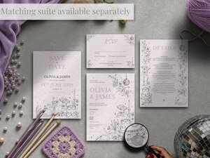 A flat lay shows a matching wedding stationery suite with Save the Date cards, RSVP cards, and details cards, surrounded by purple knitting needles, yarn, and pearls.