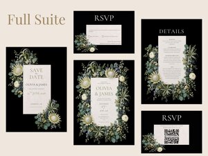 A collection of stationery pieces from the full suite including save the date, RSVP, details cards, and QR code card.
