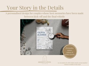 A wedding invitation template surrounded by a stopwatch, pearls, a football, and a hand holding a magnifying glass inspecting the sketched details.