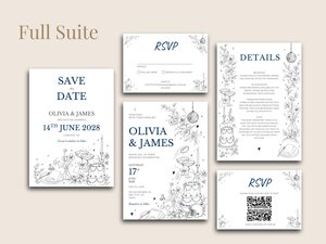 A full suite of wedding stationery including save the date, invitation, details card, and RSVP cards with blue text and line illustrations.