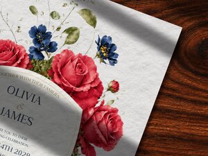 A close-up view of the wedding invitation corner showing detailed red roses, blue flowers, and text on textured white paper.