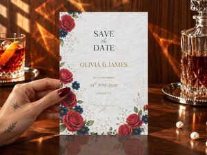 A hand holds a save the date card featuring red and blue floral arrangements against a textured white background, placed on a wooden table near a drink and a crystal decanter.