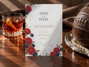A save the date card with red and blue floral graphics rests on a dark wooden surface beside a glass of amber drink and an antique football on a silver tray.