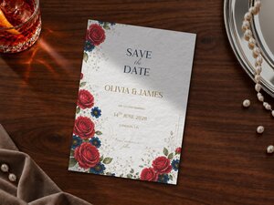 A single save the date invitation adorned with red and blue roses rests diagonally on a polished dark wood table next to a glass of whiskey and pearls.