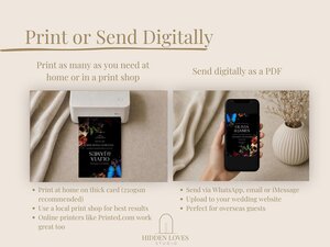 An instructional graphic demonstrating printing a wedding card on a home printer and viewing a digital copy on a smartphone.