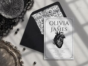 An invitation card with Olivia and James text and a heart graphic, displayed beside a black envelope with floral lining and dark lace.