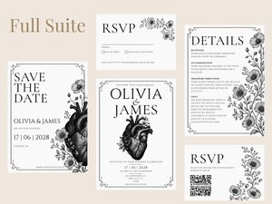 A full suite of wedding stationery including save the date, invitation, details, and RSVP cards with anatomical heart and floral motifs.