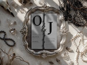 A wedding invitation rests inside an ornate silver frame on a surface decorated with pearls, crystals, and black lace.