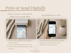 An instructional graphic showing a mini printer printing a wedding invitation card on the left, and a hand holding a phone displaying the digital invitation on the right.