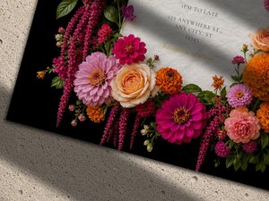 Close-up of bright pink, orange, and purple flowers decorating a wedding invitation template.