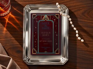 Football save the date featuring claret and sky blue Art Deco styling with hammer and bubble details and subtle soccer heritage details.