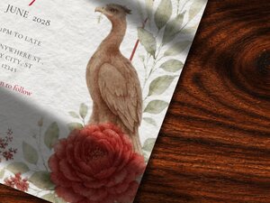 Close-up view of the lower right section of a wedding invitation, showing a watercolor red rose and a brown bird next to printed text.