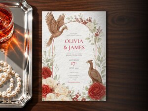 A wedding invitation card with a bird and floral design centered on a wooden table, next to a silver tray with pearls and a drink.