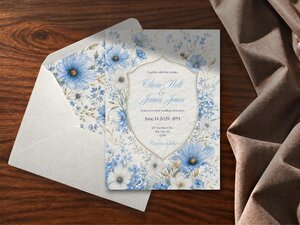 A wedding invitation card sits partly inside its matching envelope on a dark wooden surface next to draped brown fabric.