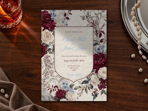A wedding invitation featuring burgundy and white floral illustrations rests on a dark wooden table next to a glass of whiskey, a silver tray, and pearls.