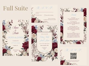 A flatlay showcases a complete suite of wedding stationery items with a maroon and cream floral theme against a neutral background.