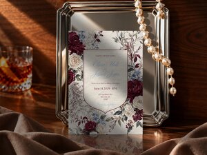 A wedding invitation stands upright on a wooden table with a silver decorative tray, pearls, and a glass of drink in the background.