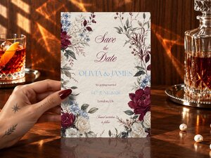 A person holds a Save the Date wedding card with floral illustrations, standing on a wooden surface near a decanter and a glass of amber drink.