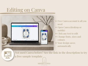 A laptop and smartphone displaying the invitation design on a Canva editing screen.