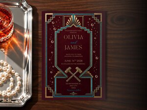 The wedding invitation rests on a wooden table beside a silver tray with pearls and a drink.