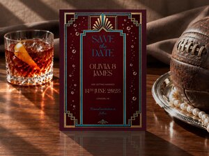 A save the date card for a wedding is displayed upright with a glass of whiskey and a vintage football.