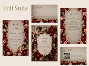 A full suite of wedding templates including save the dates, RSVP cards, and details cards with red floral accents.