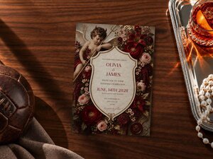 A dark floral wedding invitation card rests on a wooden table next to a brown leather vintage football and a tray of pearls.