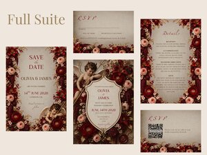 A collection of stationery items for a wedding suite featuring a dark red floral theme and cherub illustrations.