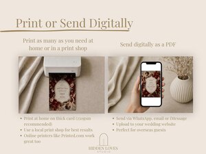An instructional graphic showing how to print the wedding invitation at home or send it digitally as a PDF via a smartphone.