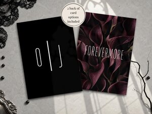 Two back-of-card template options are displayed, one showing initials on a black background and the other featuring a pattern of dark burgundy calla lilies.