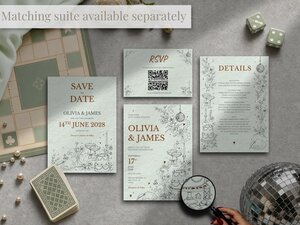 A flat lay arrangement of the full wedding stationery suite including save the date, RSVP cards, and details cards.