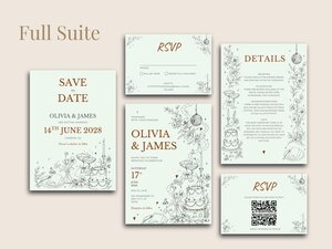 A digital display of the full wedding invitation suite featuring matching save-the-date, RSVP, and details cards.