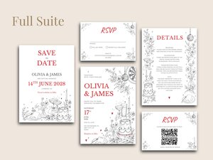 Collection of wedding stationery including save the date, invitation, details card, and RSVP cards with red and black sketches.