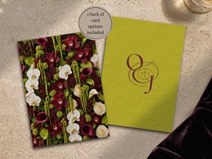 Two wedding cards are displayed, one featuring a dense floral border and the other an olive green card with monogram initials.