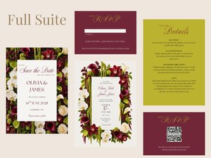 A full wedding stationery suite laid out with an invitation, save-the-date, details card, and two RSVP cards.