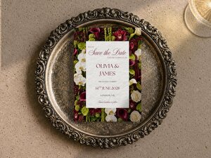 A save the date card with a floral frame lies centered on an ornate, antique silver tray resting on a textured surface.