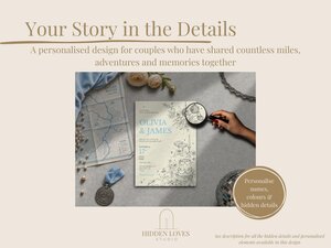 A wedding invitation template is displayed on a table surrounded by a map, flowers, a medal, pearls, and a hand holding a magnifying glass.