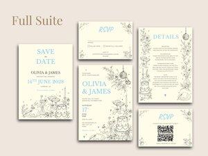 A complete wedding stationery suite on a beige background featuring save the date, invitation, details, and RSVP cards with blue text and line drawings.