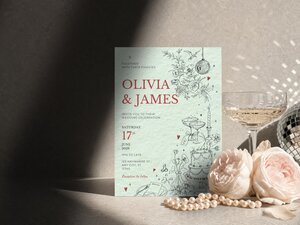 The wedding invitation stands upright on a grey surface next to pale pink roses, a pearl necklace, a glass of champagne, and a disco ball.