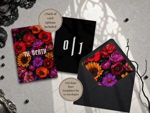 Stationery items including a floral wedding card, a black card with white lettering, and a black envelope with a floral liner.