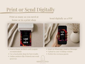 An image illustrating print and digital options, showing a small home printer printing a card and a hand holding a phone displaying the invitation.