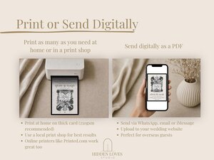 A two-part graphic showing wedding invitations being printed on a home printer on the left and viewed on a smartphone on the right.
