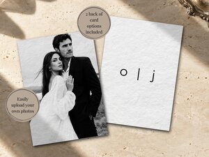 Two wedding invitation cards shown together, one featuring a black and white couple photo and the other with minimalist initials.