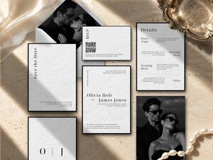Editorial wedding invitation suite with black tie typography, high-contrast fashion lettering, formal monochrome styling and a timeless sophisticated finish.