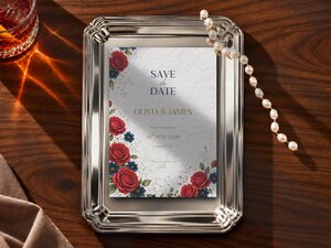 Football save the date with red floral details, a cannon-inspired modern shield and subtle soccer heritage styling.