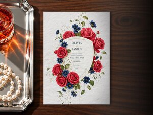 The wedding invitation lying flat on a wooden table beside a silver tray with pearls and a glass of amber liquid.
