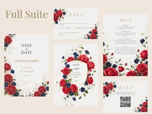 A flatlay display of a full wedding invitation suite featuring various card sizes with red and blue floral designs against a light background.