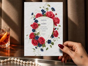 A hand holds a wedding invitation adorned with red roses and blue flowers against a draped backdrop.